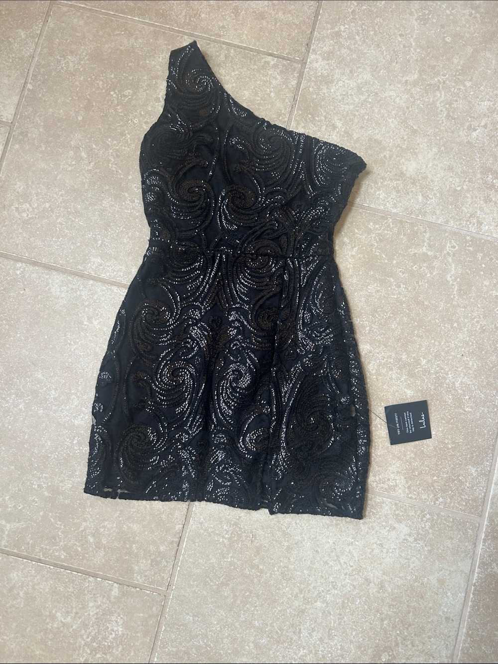 Lulu's One-Shoulder Black Sequin Fit-and-Flare Dress